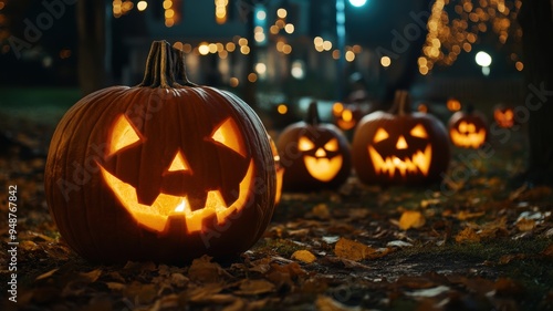 Glowing jack-o'-lanterns in...