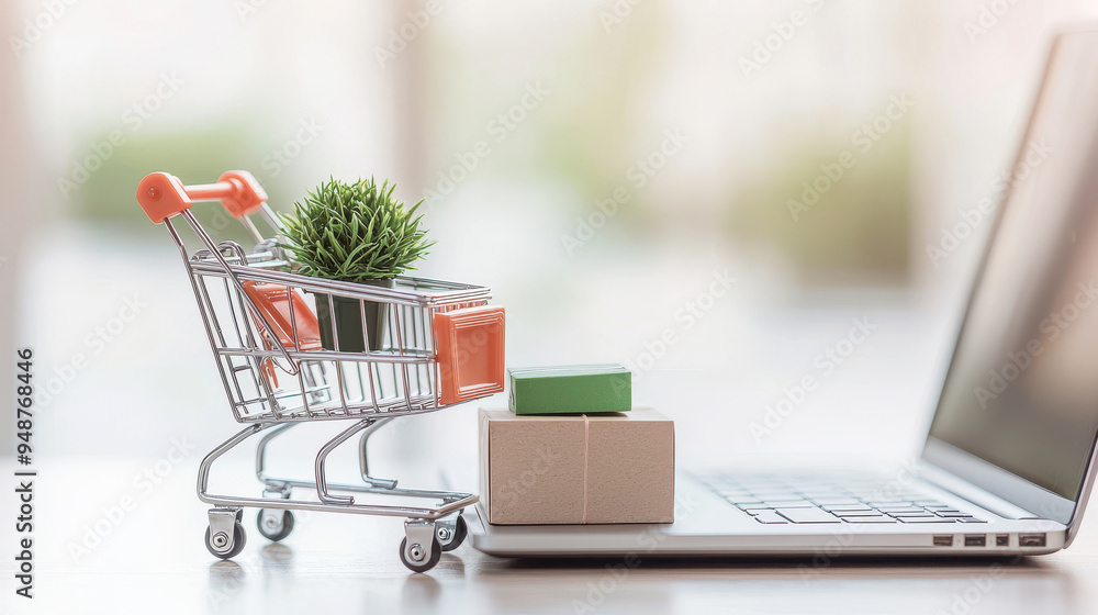 A miniature shopping cart on a laptop keyboard signifies online shopping and home delivery trends. A miniature shopping cart on a laptop keyboard signifies online shopping and home delivery trends.