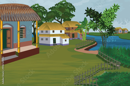 Village house background for cartoon animation. Explore the charm of Indian rural house, traditional style, village pond, and riverside Scenery