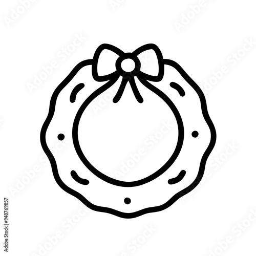 Simple Christmas wreath icon with bow in black outline