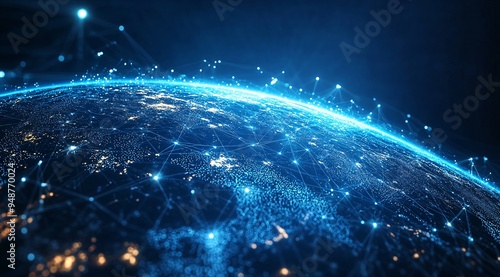 Global Network Technology Concept with Glowing Nodes and Fiber Optics