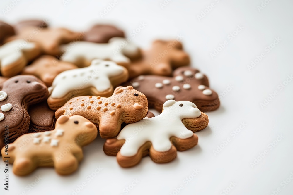 Assorted animal-shaped cookies with icing on a white background. Assorted animal-shaped cookies with icing on a white background.