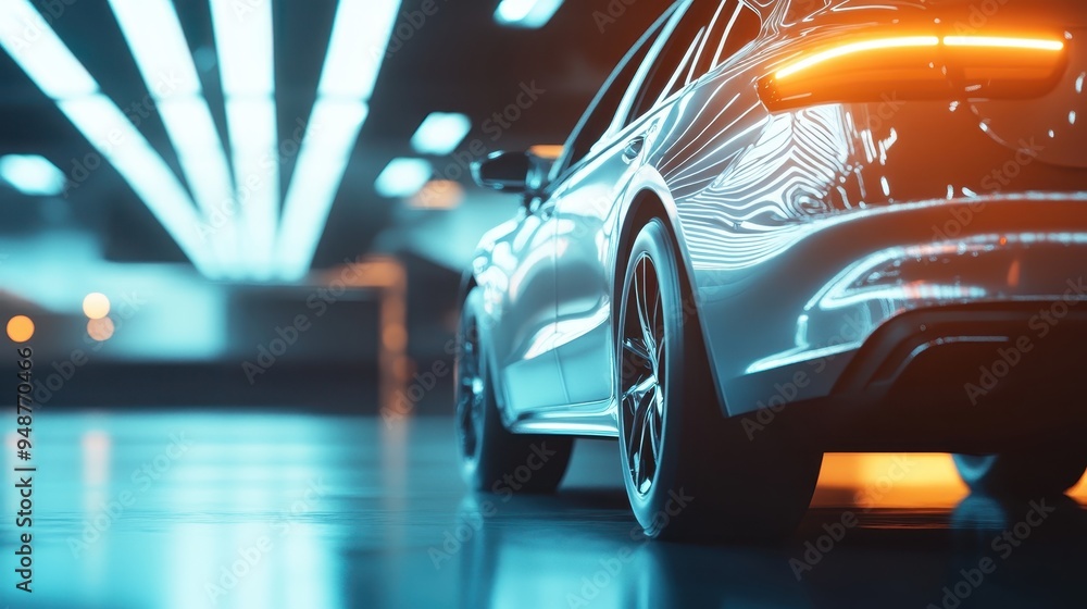 Sleek modern car with glowing taillights in a futuristic parking garage, showcasing automotive innovation and design. Sleek modern car with glowing taillights in a futuristic parking garage, showcasing automotive innovation and design.