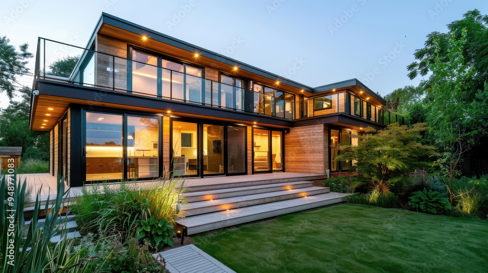 A stunning modern house exterior at dusk, featuring large windows and a beautifully landscaped garden. A stunning modern house exterior at dusk, featuring large windows and a beautifully landscaped garden.