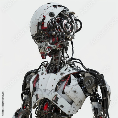 Closeup of a futuristic robot with exposed internal mechanics.