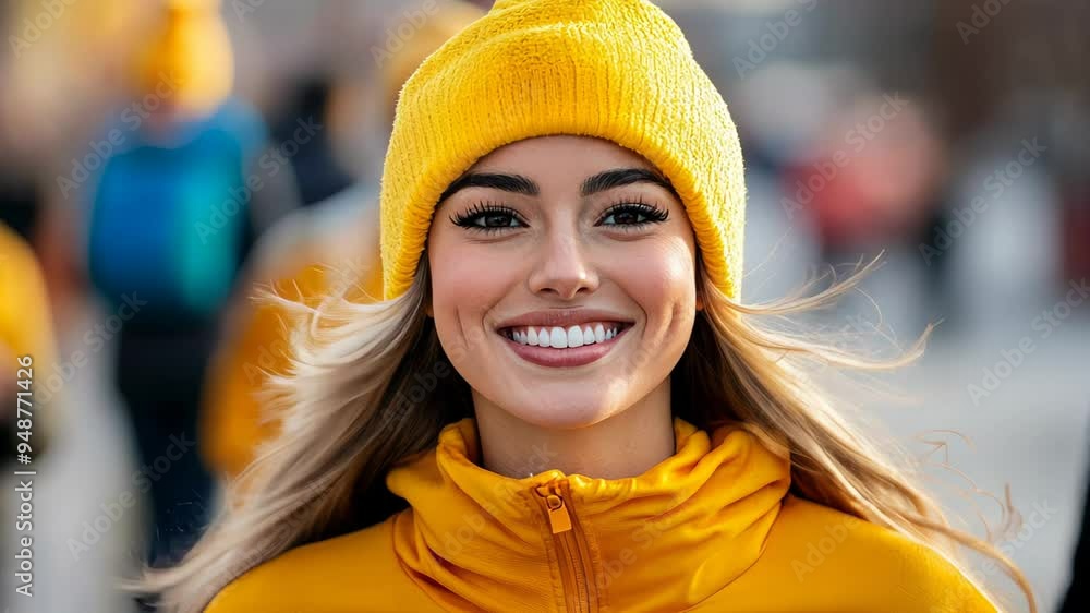 Smiling woman in bright yellow attire walks joyfully outdoors in a lively crowd on a sunny day Smiling woman in bright yellow attire walks joyfully outdoors in a lively crowd on a sunny day
