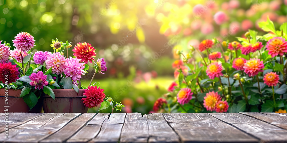 Empty wooden table on the background of flowers Empty wooden table on the background of flowers