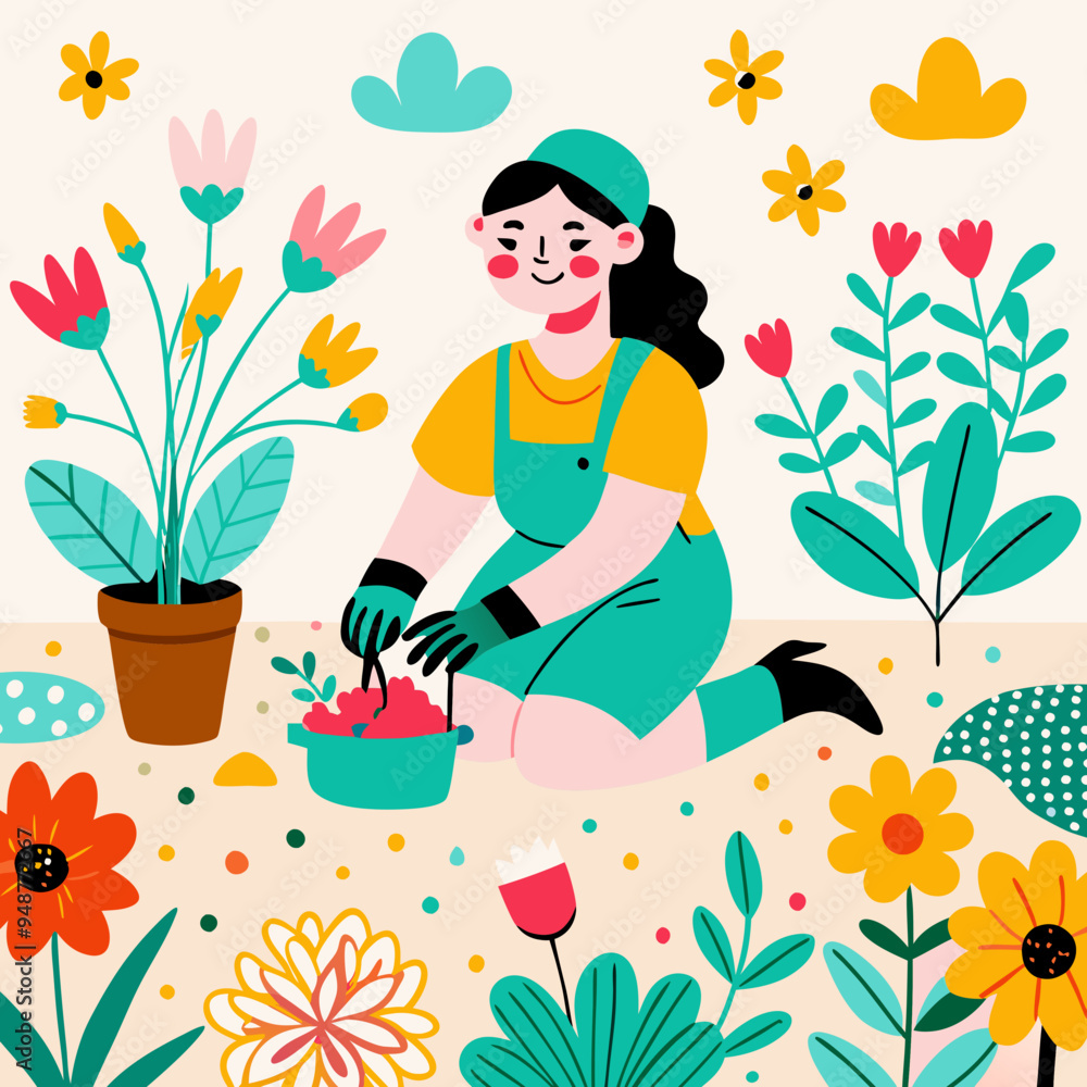 Woman happily planting flowers in garden surrounded by vibrant nature and plants Woman happily planting flowers in garden surrounded by vibrant nature and plants