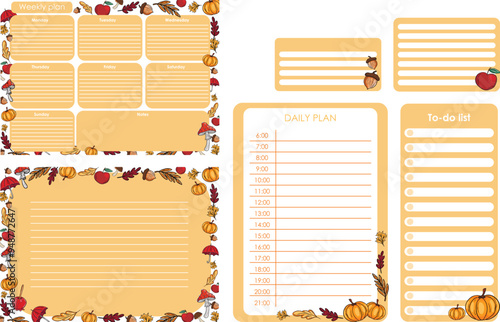  A set of glider pages in autumn style. Weekly plan, daily schedule, to-do list and note formsVector illustration