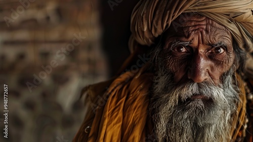 An old man with long beard wearing an ancient robe and turban, close up portrait.