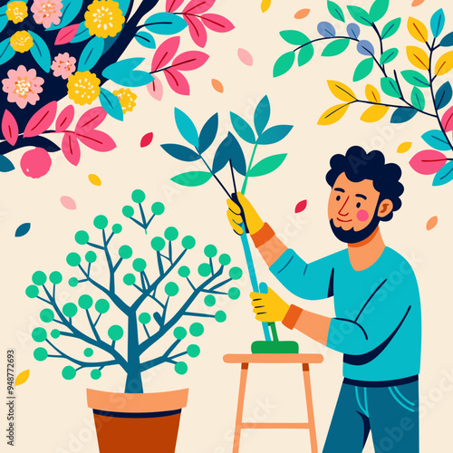 Man carefully pruning bonsai tree with vibrant floral background and geometric shapes