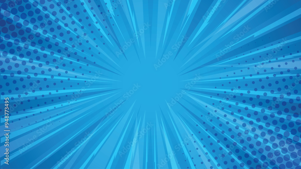 Naklejka premium Blue Comics rays background with halftones. Vector summer backdrop illustrations stock illustration