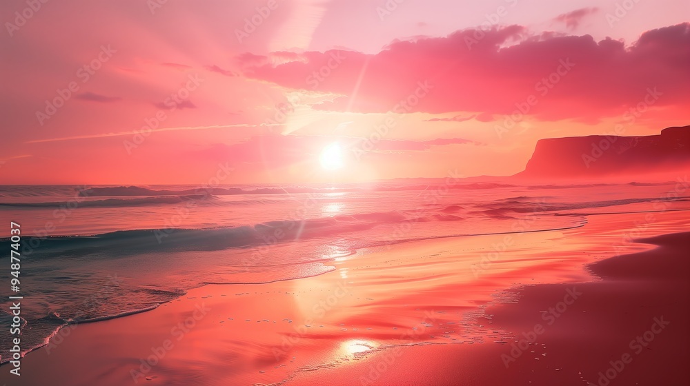 Stunning Sunset Over a Sandy Beach with Dramatic Cliffs Stunning Sunset Over a Sandy Beach with Dramatic Cliffs