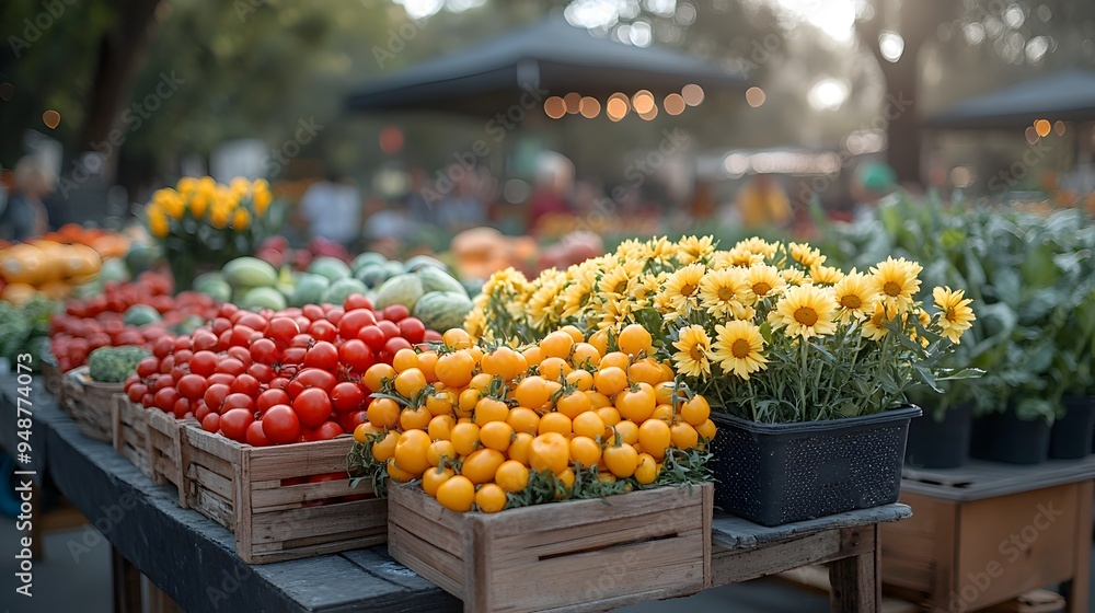 Vibrant Farmers Market, a lively scene filled with colorful stalls showcasing fresh fruits, vegetables, and blooming flowers, attracting eager shoppers and local vendors. Vibrant Farmers Market, a lively scene filled with colorful stalls showcasing fresh fruits, vegetables, and blooming flowers, attracting eager shoppers and local vendors.