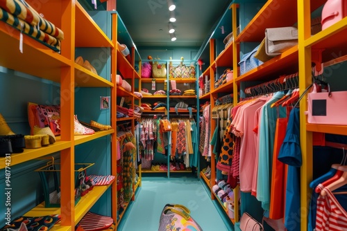 Wallpaper Mural A well-organized closet showcasing a variety of colorful garments, creating a lively and inviting atmosphere, Explore the endless racks of colorful clothing and accessories. AI generated Torontodigital.ca