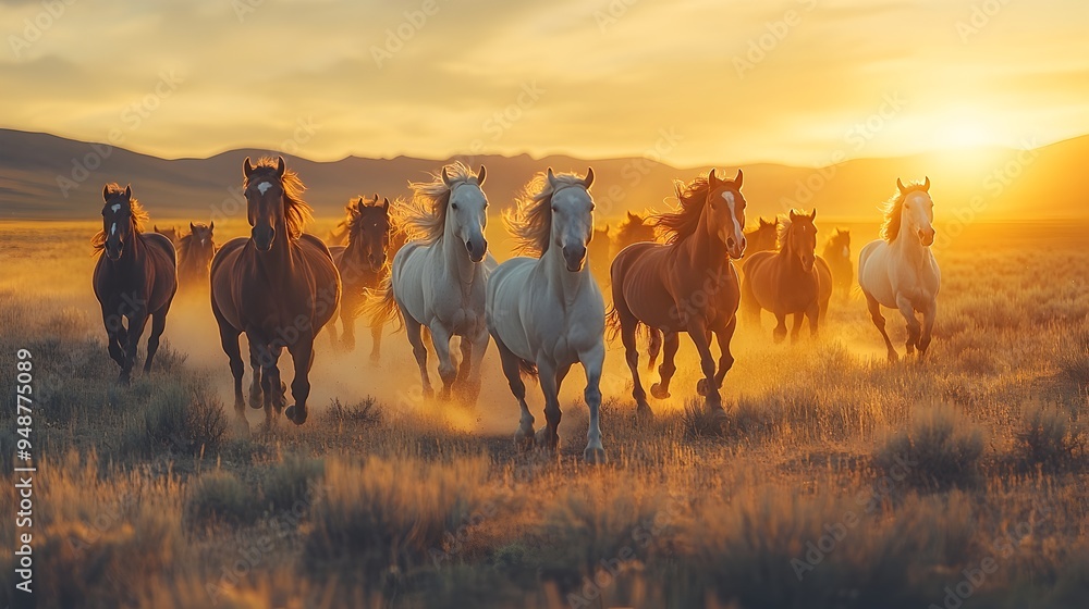Obraz premium Wild Horses Galloping Across Expansive Meadow, Majestic creatures in motion, their manes flowing, embodying freedom and the untamed spirit of nature in a vibrant landscape.
