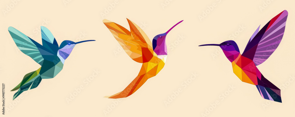 Colorful hummingbirds in a vibrant geometric design, showcasing their beauty and grace against a subtle background Colorful hummingbirds in a vibrant geometric design, showcasing their beauty and grace against a subtle background