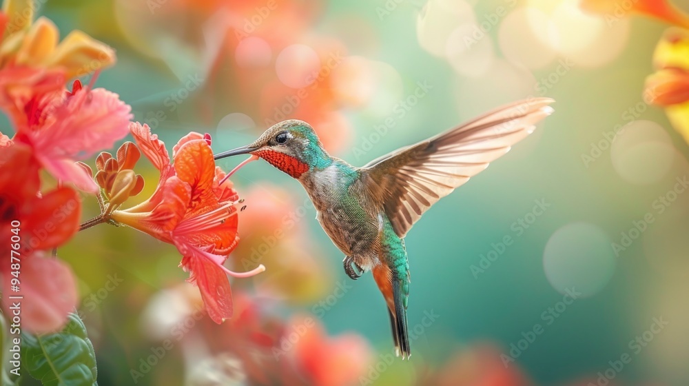 Fototapeta premium A hummingbird hovering near vibrant flowers during a sunny afternoon in a colorful garden full of blooming flora and lively colors
