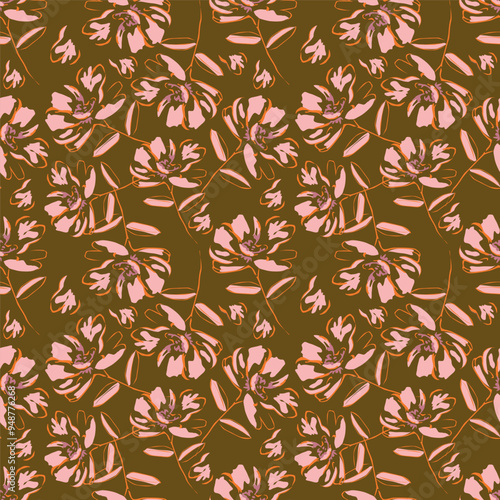 Beautiful Seamless color peony pattern on green background, vector illustration