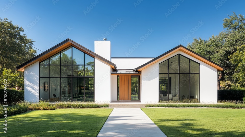 This modern Beverly Hills home has a striking white brick exterior, dark wood accents, and a stylish gable roof, set in a lush environment that showcases its luxury and contemporary design This modern Beverly Hills home has a striking white brick exterior, dark wood accents, and a stylish gable roof, set in a lush environment that showcases its luxury and contemporary design