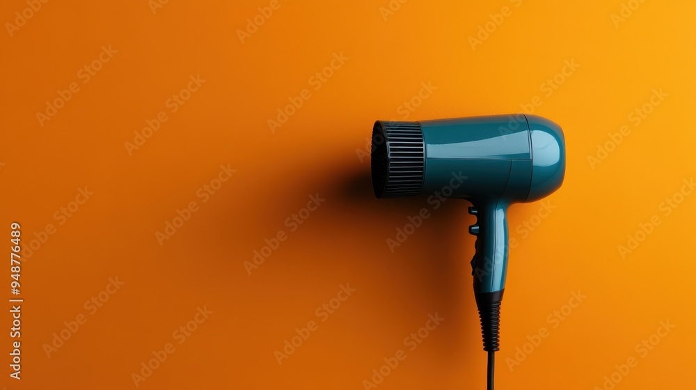 A turquoise hairdryer positioned on a vivid orange background, casting a shadow, creating a vibrant contrast with a minimalist aesthetic and modern vibe. A turquoise hairdryer positioned on a vivid orange background, casting a shadow, creating a vibrant contrast with a minimalist aesthetic and modern vibe.