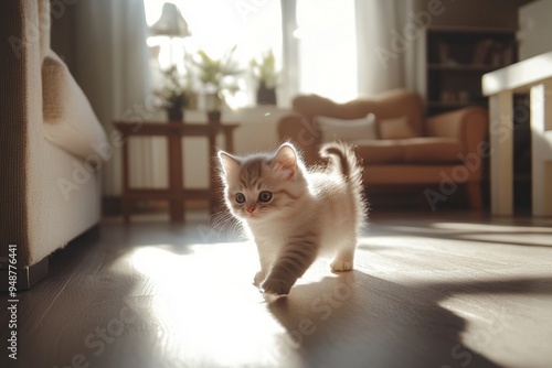 Adorable Playful Kitten Exploring Cozy Living Room