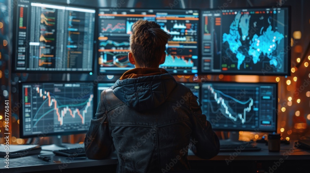Cryptocurrency trader analyzing market trends in a high-tech office. Cryptocurrency trader analyzing market trends in a high-tech office.
