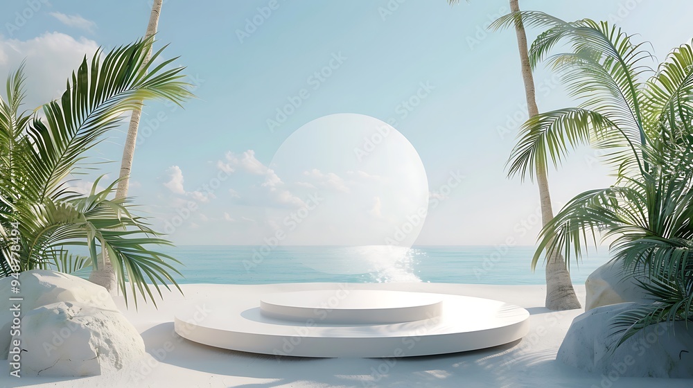 Obraz premium A minimalist 3D podium set against a tropical beach scene, perfect for product display.