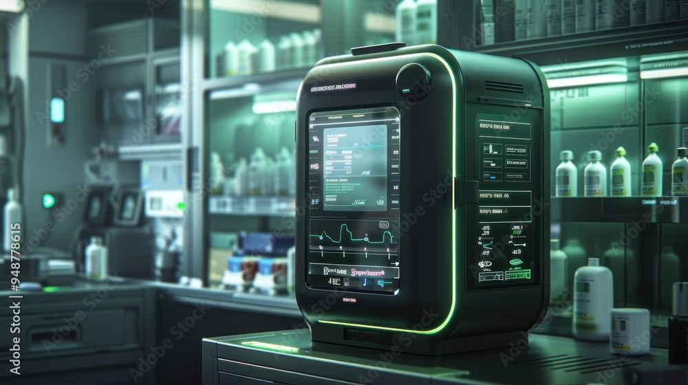 An advanced medication retrieval device with neon green accents, interactive touchscreen, and glass cabinet filled with medications in a futuristic medical facility. An advanced medication retrieval device with neon green accents, interactive touchscreen, and glass cabinet filled with medications in a futuristic medical facility.