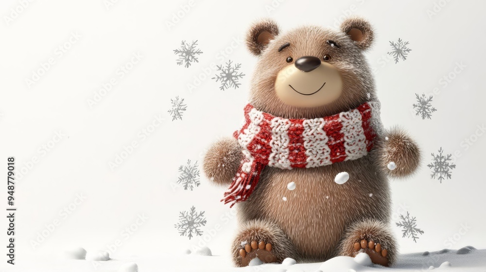 Adorable plush bear with a red and white striped scarf surrounded by falling snowflakes, perfect for winter and holiday themes. Adorable plush bear with a red and white striped scarf surrounded by falling snowflakes, perfect for winter and holiday themes.