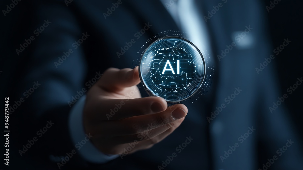 A businessman holds a glowing orb displaying AI technology, symbolizing advancements in artificial intelligence. A businessman holds a glowing orb displaying AI technology, symbolizing advancements in artificial intelligence.