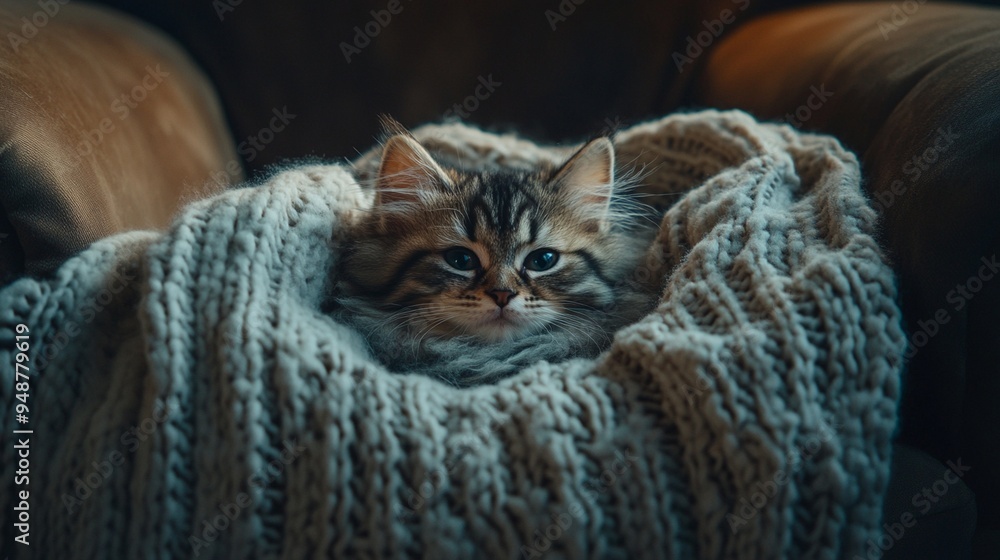 Cozy Cat in Knitted Blanket: Warmth and Comfort at Home Cozy Cat in Knitted Blanket: Warmth and Comfort at Home