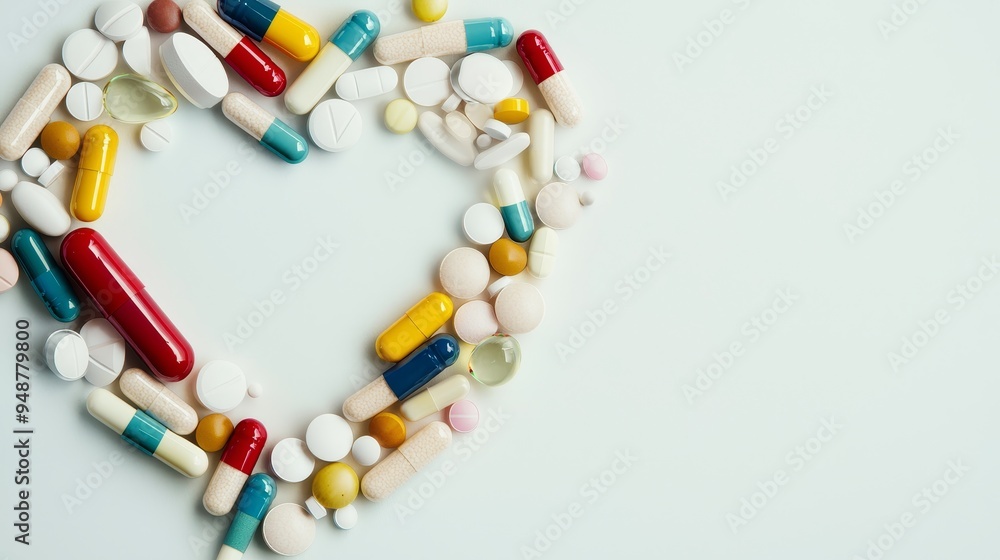 Creative heart design formed by an assortment of medicine, representing the concept of healing Creative heart design formed by an assortment of medicine, representing the concept of healing