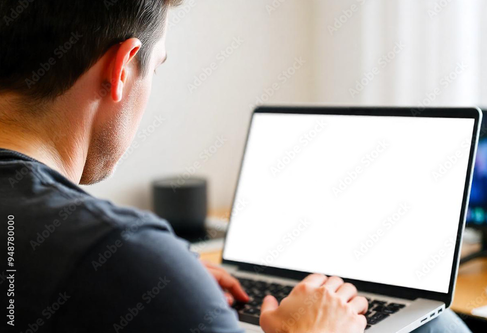 man looking at blank screen laptop man looking at blank screen laptop