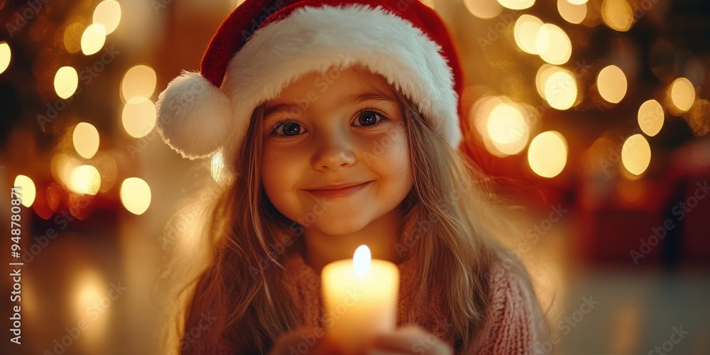 A little girl in a Santa Claus hat holds a candle on a Christmas background. A little girl in a Santa Claus hat holds a candle on a Christmas background.