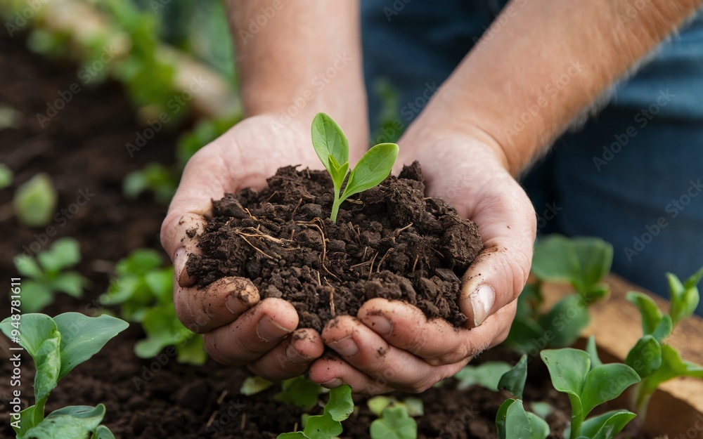 Nurturing New Life: A close-up of a gardener's hands gently cradling rich soil and a tender green sprout, embodying growth, sustainability, and the promise of a bountiful harvest. Nurturing New Life: A close-up of a gardener's hands gently cradling rich soil and a tender green sprout, embodying growth, sustainability, and the promise of a bountiful harvest.