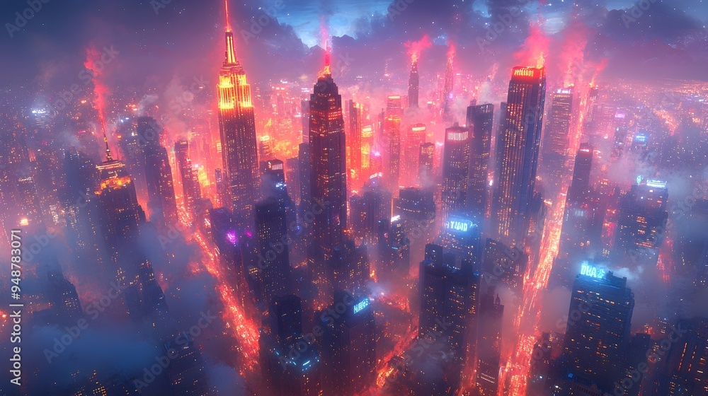 Obraz premium Vibrant Urban Nightscape, dynamic city skyline illuminated by shimmering lights, towering skyscrapers reflecting energy and life in a colorful metropolis after dark