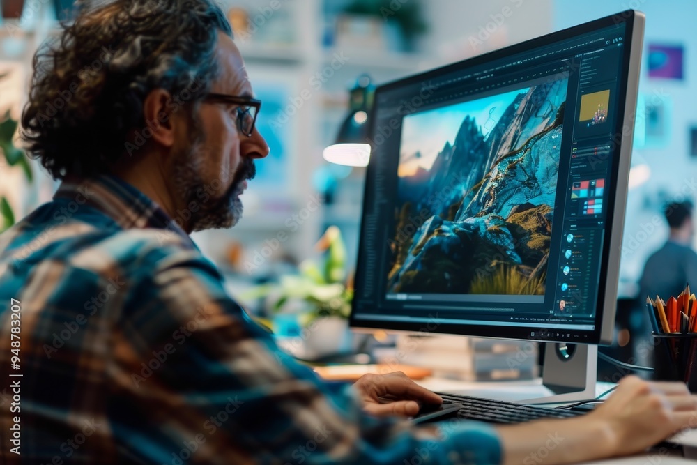 A graphic designer creating digital artwork on a high-resolution monitor, showcasing creativity and digital skills A graphic designer creating digital artwork on a high-resolution monitor, showcasing creativity and digital skills
