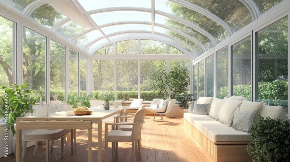 A bright and airy sunroom with a vaulted glass ceiling and white furniture. The sunroom is filled with natural light, and there is a table with chairs and a sofa in the room. A bright and airy sunroom with a vaulted glass ceiling and white furniture. The sunroom is filled with natural light, and there is a table with chairs and a sofa in the room.