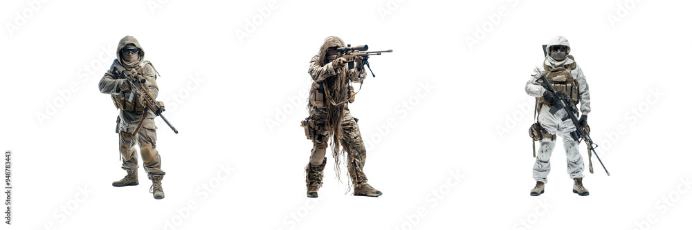 Set of Fictional soldier with full body of a Sniper in combat gear isolated on a transparent background Set of Fictional soldier with full body of a Sniper in combat gear isolated on a transparent background