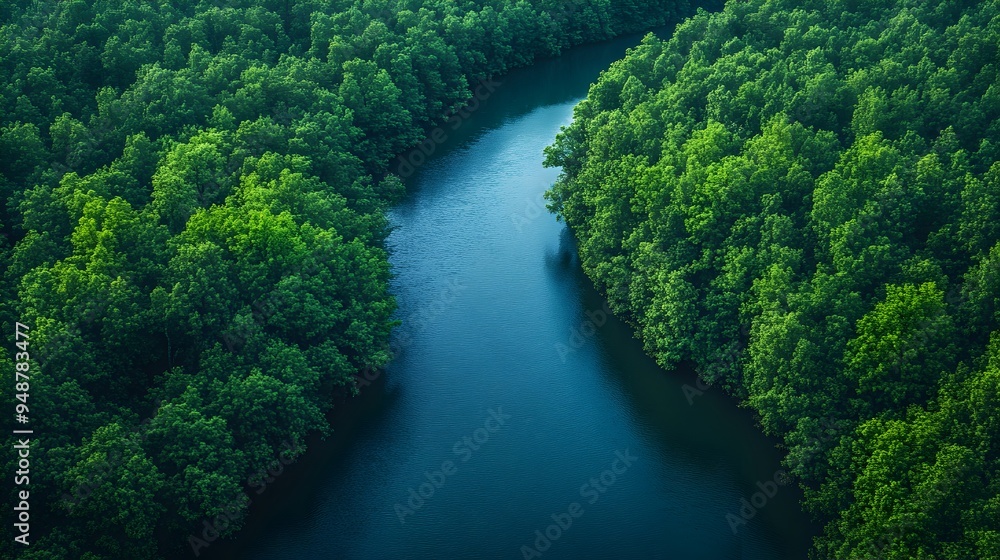 Winding River Through Dense Forest, an aerial perspective showcasing the meandering flow of a river surrounded by lush greenery and towering trees, highlighting nature's serene beauty. Winding River Through Dense Forest, an aerial perspective showcasing the meandering flow of a river surrounded by lush greenery and towering trees, highlighting nature's serene beauty.