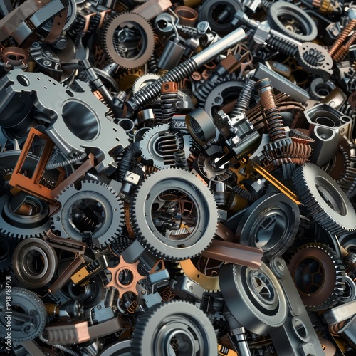 Close-up of a pile of metal parts, including gears, springs, and other components.