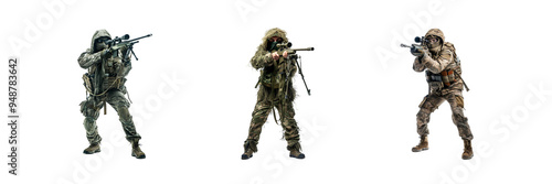 Set of Fictional soldier with full body of a Sniper in combat gear isolated on a transparent background