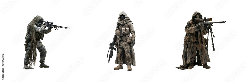 Set of Fictional soldier with full body of a Sniper in combat gear isolated on a transparent background Set of Fictional soldier with full body of a Sniper in combat gear isolated on a transparent background