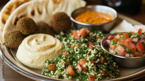 Um prato de falafel, homus, pão pita e salada tabule, apresentando a culinária do Oriente Médio.