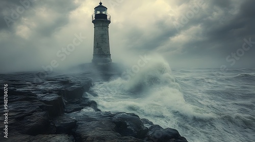 Stormy Coastline Sentinel, an ancient lighthouse stands resilient against crashing waves and fierce winds, its light piercing through dark clouds, a beacon of hope amidst chaos.