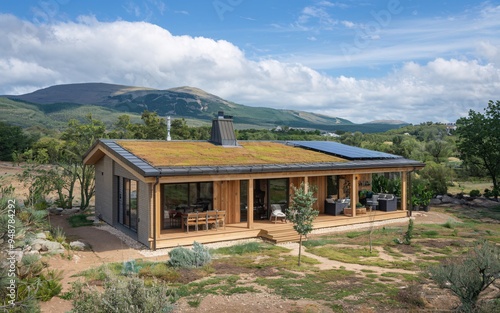 Modern Sustainable Home: A contemporary, eco-friendly house nestled amidst nature's embrace, featuring a green roof, solar panels, and a spacious patio. The design seamlessly blends with the surroundi photo