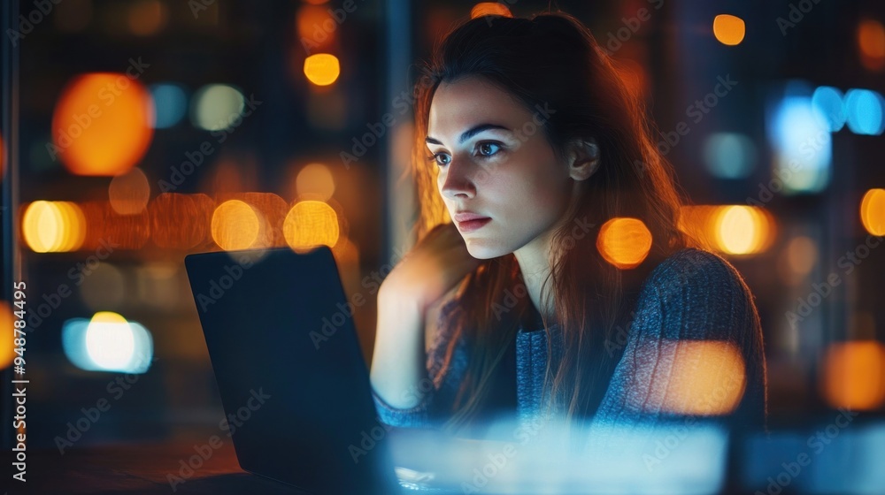 Woman Working on Laptop at Night Woman Working on Laptop at Night