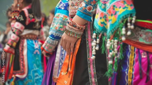 Close-up of a woman's hand adorned with bracelets, wearing a vibrant traditional costume.