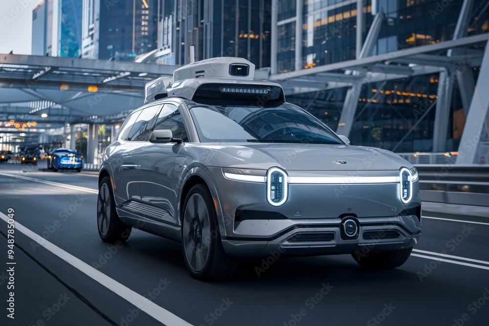 Autonomous Revolution: A silver self-driving car navigates a futuristic cityscape, showcasing the cutting-edge technology of autonomous vehicles. Autonomous Revolution: A silver self-driving car navigates a futuristic cityscape, showcasing the cutting-edge technology of autonomous vehicles.